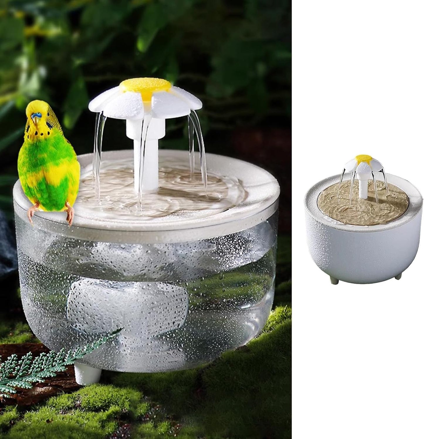 MANON ROSA Bird Bath for Parakeets - Small Bird Shower & Bathing Fountain with Filtered Circulating Water Pool Sink for Parrots Lovebirds Conures Finches Cockatiels - Easy-Clean Pet Accessorie (White)