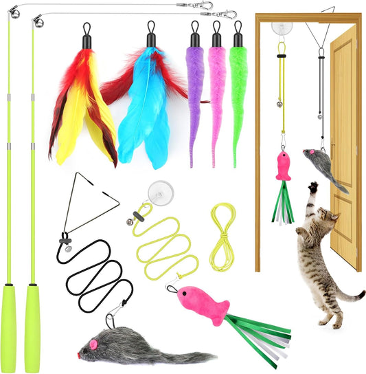 ChicWow Interactive Retractable Cat Wand & Hanging Toys for Cats - 2 Wands, 2 Hanging, 7 Teaser Cat Toys for Indoor Adult Cats Kitten, Includes Feather, Mouse, Fish, Worm, 1 Spare Elastic Rope