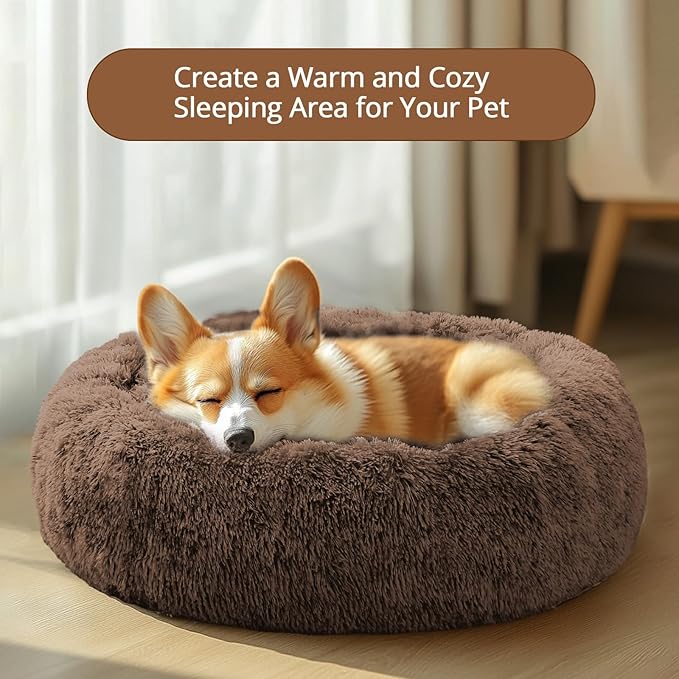 JOLLYVOGUE Calming Dog & Cat Bed for Small Dogs, Anti-Anxiety Donut Cuddler Cozy Soft Round Bed with Anti-Slip Bottom, Fluffy Faux Fur Plush Cushion Beds for Small Medium Dogs (23")
