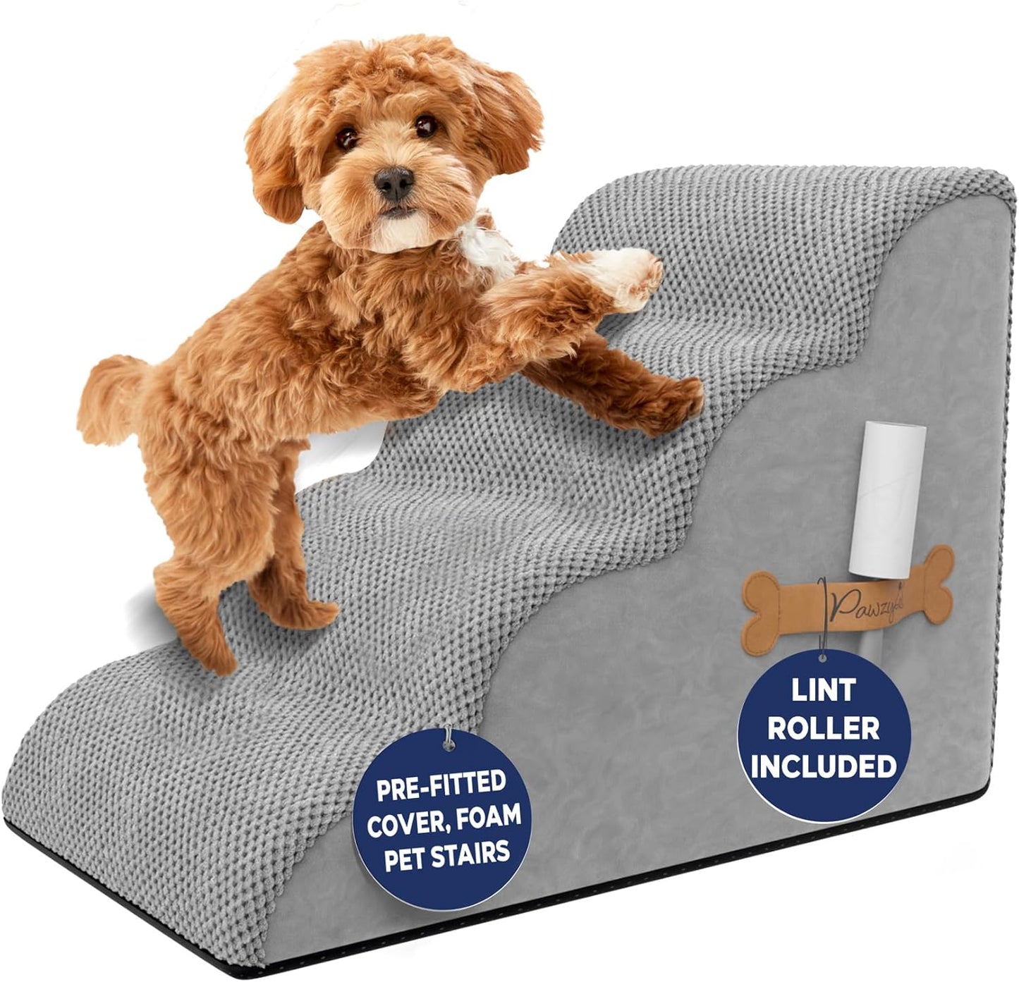 PAWZY Foam Pet Stairs for Small Dogs & Cats – 4-Step Dog Ramp 20” High, Wide Non-Slip Steps for Bed & Couch – Washable Pre-Fitted Cover (no Assembly Required), Waterproof Base – Grey
