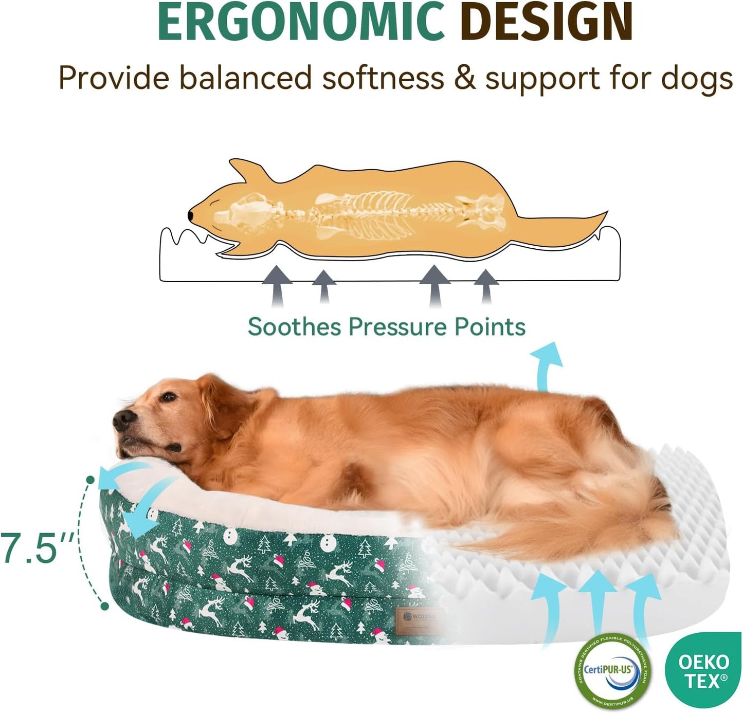 Orthopedic Washable Large Dog Bed: Memory Foam Waterproof Pet Bed with Bolsters - Removable Washable Cover for L XL XXL Large Sized Dog Bed - Non-Slip Bottom - Green