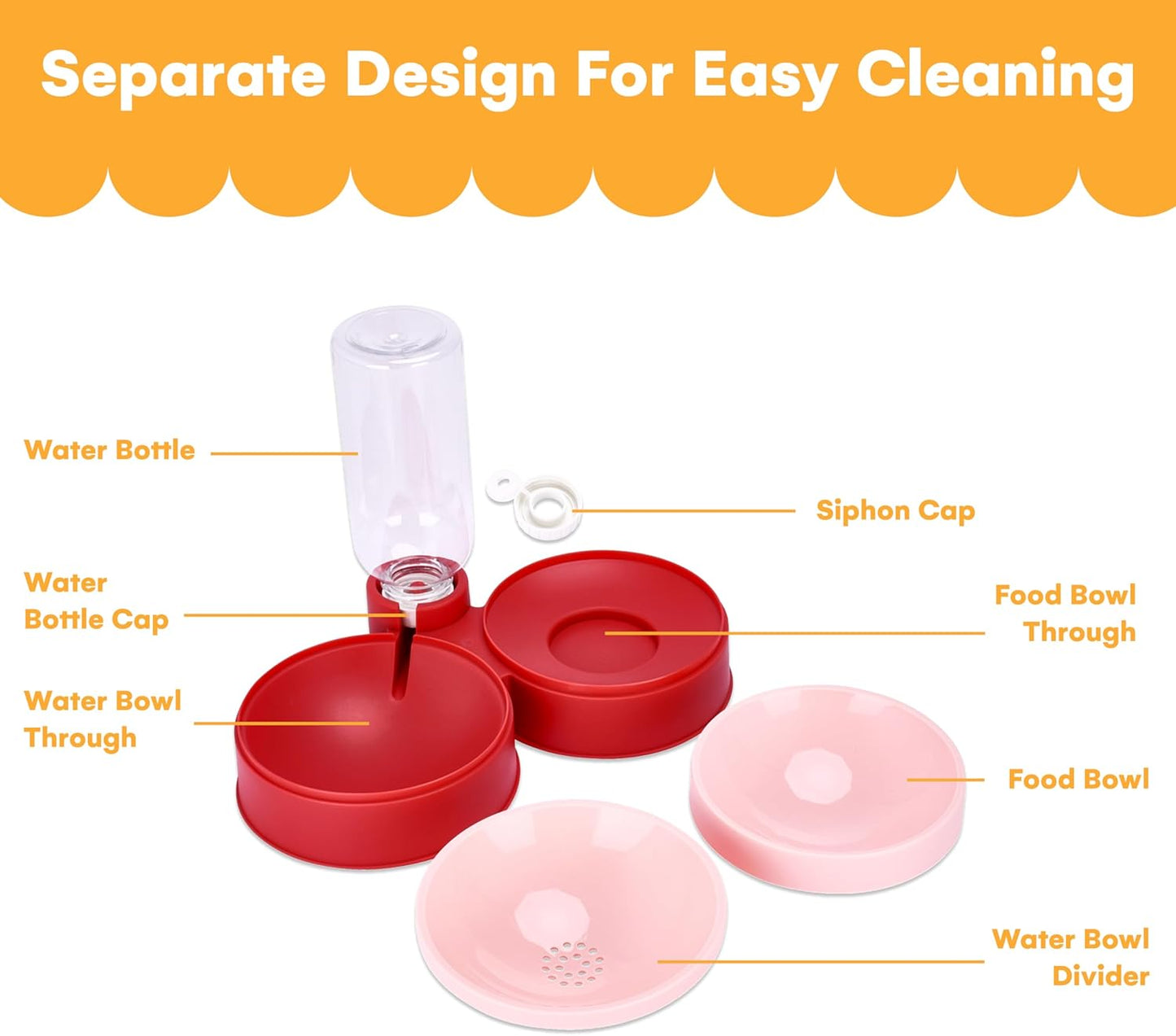 Noa Store Pet Food and Water Dispenser - 2 Removable Bowls - Gravity-Fed Drinking System for Cats and Dogs - 12x7x8 inches - Easy-to-Clean Feeder - Continuous Water Flow - Cat Feeding Station - Pink