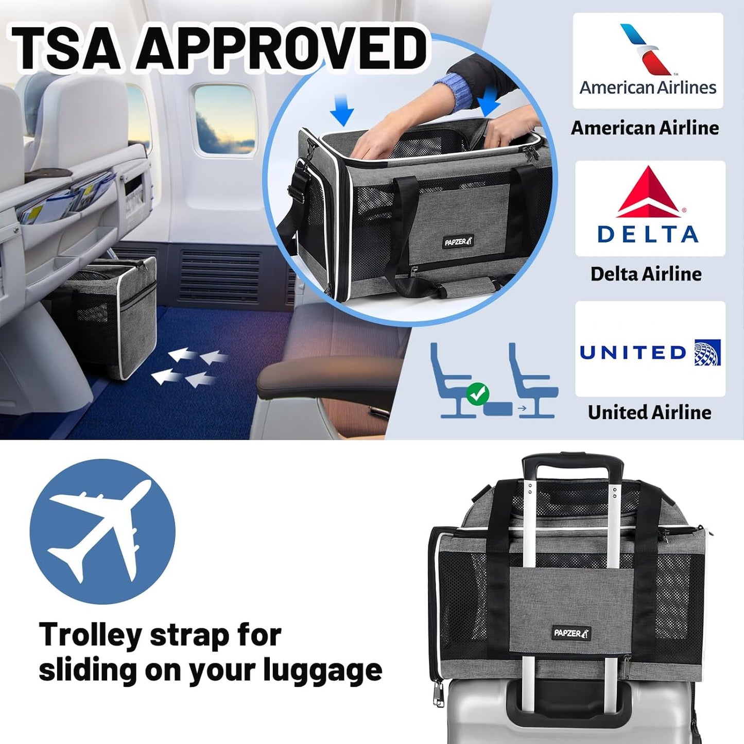 Cat Carrier Top-Expandable 18x11x11, United Delta American Airline Approved Dog Carrier, Soft-Sided Pet Carry Bag Under-Seat in Cabin, Puppy Airplane Travel Crate TSA Plane Kitten Cage Grey