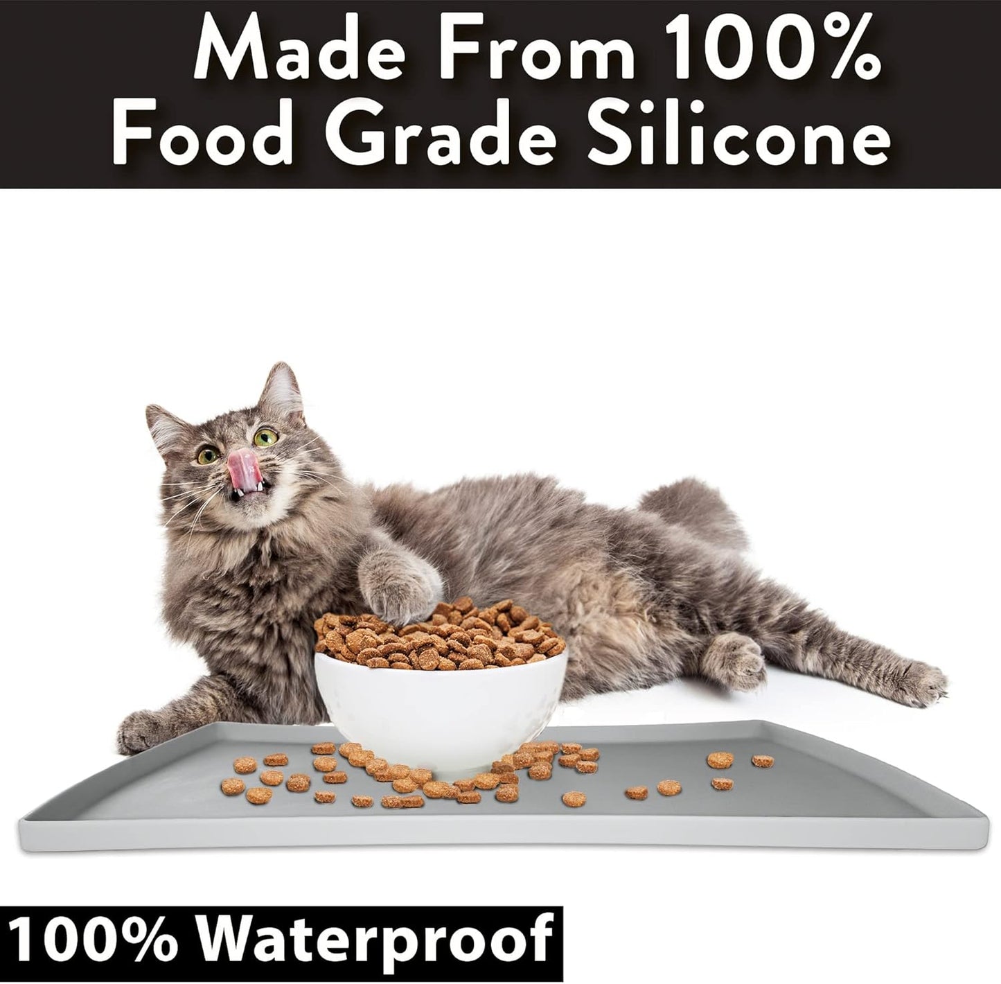 CatGuru Cat Food Mat, Small & Large Pet Food Mat, 100% Waterproof Cat Placemat for Food and Water, Silicone Mats for Pets Bowls, Non-Slip Mats for Pet Bowl or Fountain (Large, Gray)