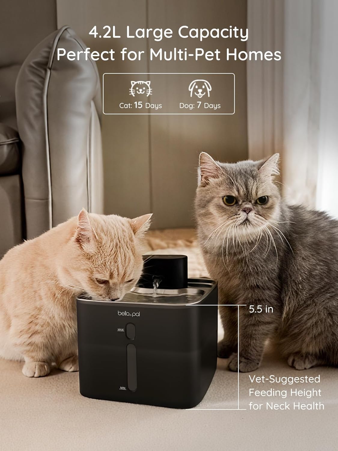 BELLA & PAL Wireless Cat Water Fountain: 4.2L/142oz Stainless Steel, 5000mAh Rechargeable Battery, Smart Motion Sensor, Quiet Integrated Pump, Easy to Clean, Mult-Pet Water Dispenser for Cats or Dog