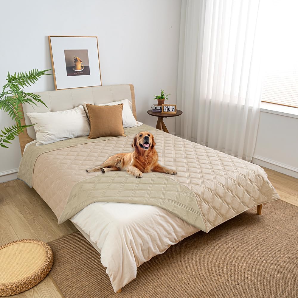 fuguitex Waterproof Dog Blanket Reversible for Small Dogs Resistant Leakproof Washable Couch Cushion Bed Protector Cover for Indoor Furniture Pet Friendly（68"*82",Beige+Khaki