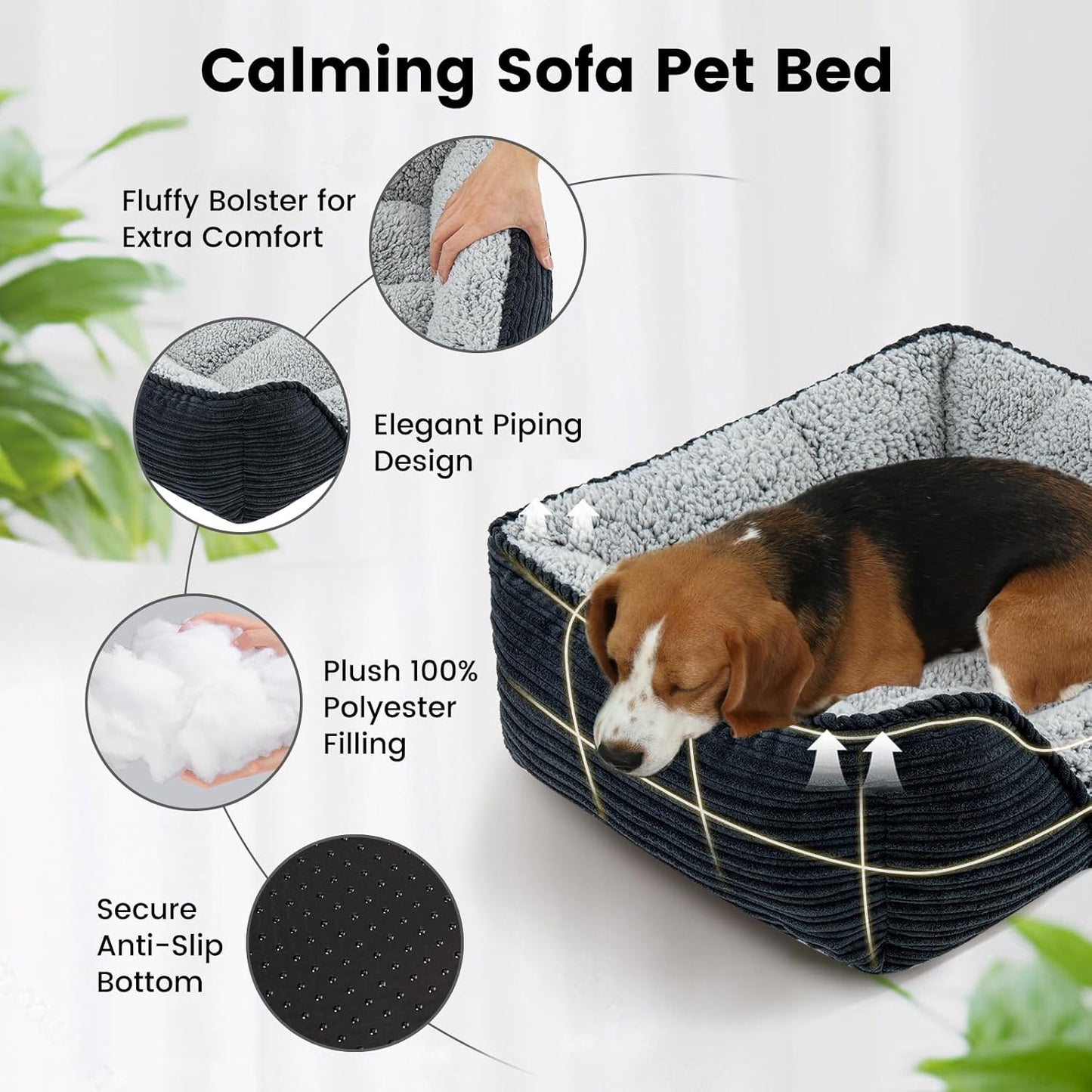 Miguel Washable Dog & Cat Bed with Removable Cushion for Medium & Small Dogs, Easy to Wash Pet Sofa Bed with Side Bolster, Anti-Slip Bottom, Black, 30 Inch