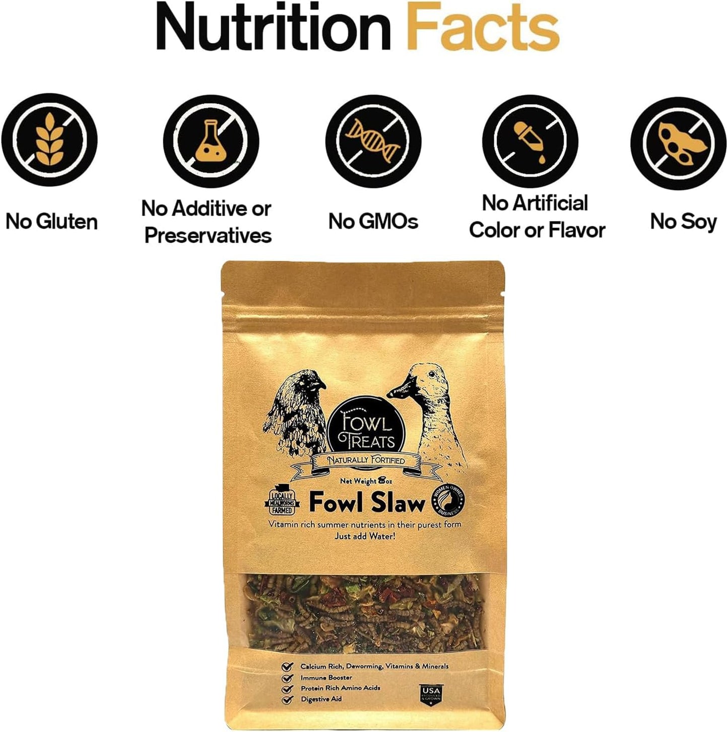 Naturally Fortified Fowl Slaw - Calcium Rich Supplements Suitable for Hens and Ducks, Contains USA Grown Ingredients – Natural Deworming – 8oz