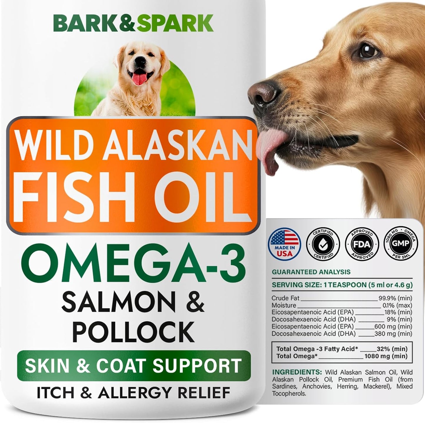 Bark&Spark Fish Oil for Dogs - Natural Omega-3 - Skin & Coat Support - Liquid Food Supplement for Pets - Natural EPA + DHA Fatty Acids for Joint Function, Immune & Heart Health 8oz - Salmon