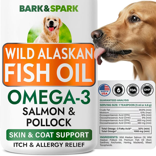 Bark&Spark Fish Oil for Dogs - Natural Omega-3 - Skin & Coat Support - Liquid Food Supplement for Pets - Natural EPA + DHA Fatty Acids for Joint Function, Immune & Heart Health 8oz - Salmon