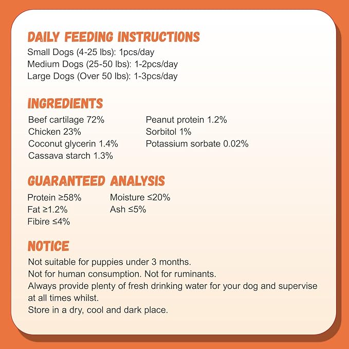 Dog Treats Chicken Wrapped Beef Cartilage w/Calcium Supplement, Rawhide Free Dog Chews Long Lasting, Grain Free Healthy Training Treats Snacks for Small Medium Large Dogs, 12 Counts, 10.6 oz