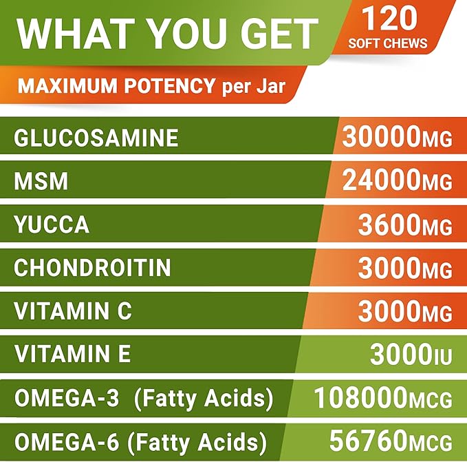 Glucosamine Treats for Dogs - Joint Supplement w/Omega-3 Fish Oil - Chondroitin, MSM - Advanced Mobility Chews - Joint Pain Relief - Hip & Joint Care - Peanut Butter Flavor - 240 Ct
