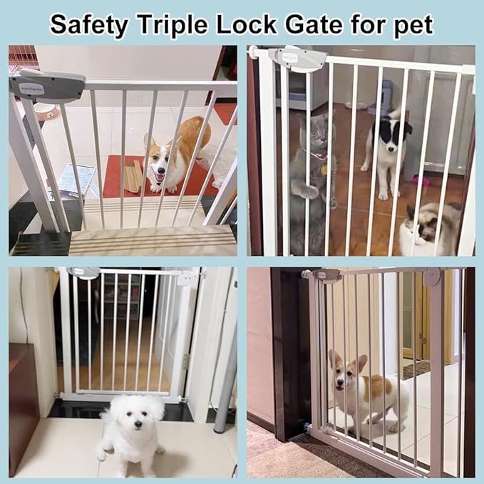 WAOWAO Triple Lock Baby Gate Extra Wide 35.04-38.97" Pressure Mounted Walk Through Swing Auto Close Safety Black Metal Dog Pet Puppy for Stairs