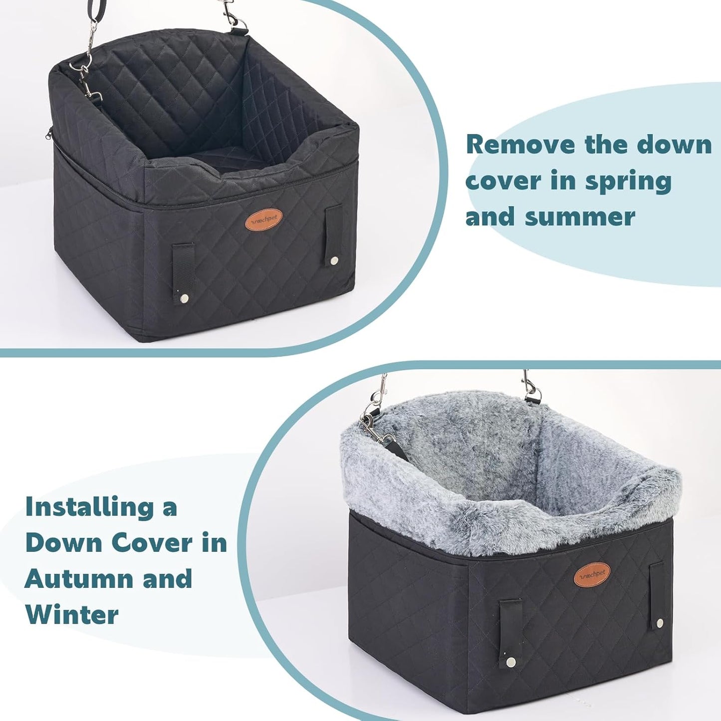 Dog Car Seat with Loops Dog Booster Seat for All Seasons, Anti Slip Bottom Pet Travel Bed with Thick Pets Sofa Cushion and Storage Pockets for Small Pets（Black）