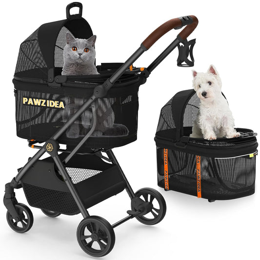 PAWZIDEA Pet Stroller 4 in 1, Cat Strollers with Detachable Carrier No-Zip Canopy, Portable Dog Crate for Car Seat Travel, Foldable & Lightweight Jogger for Small/Medium Dogs and Cats, Storage Basket
