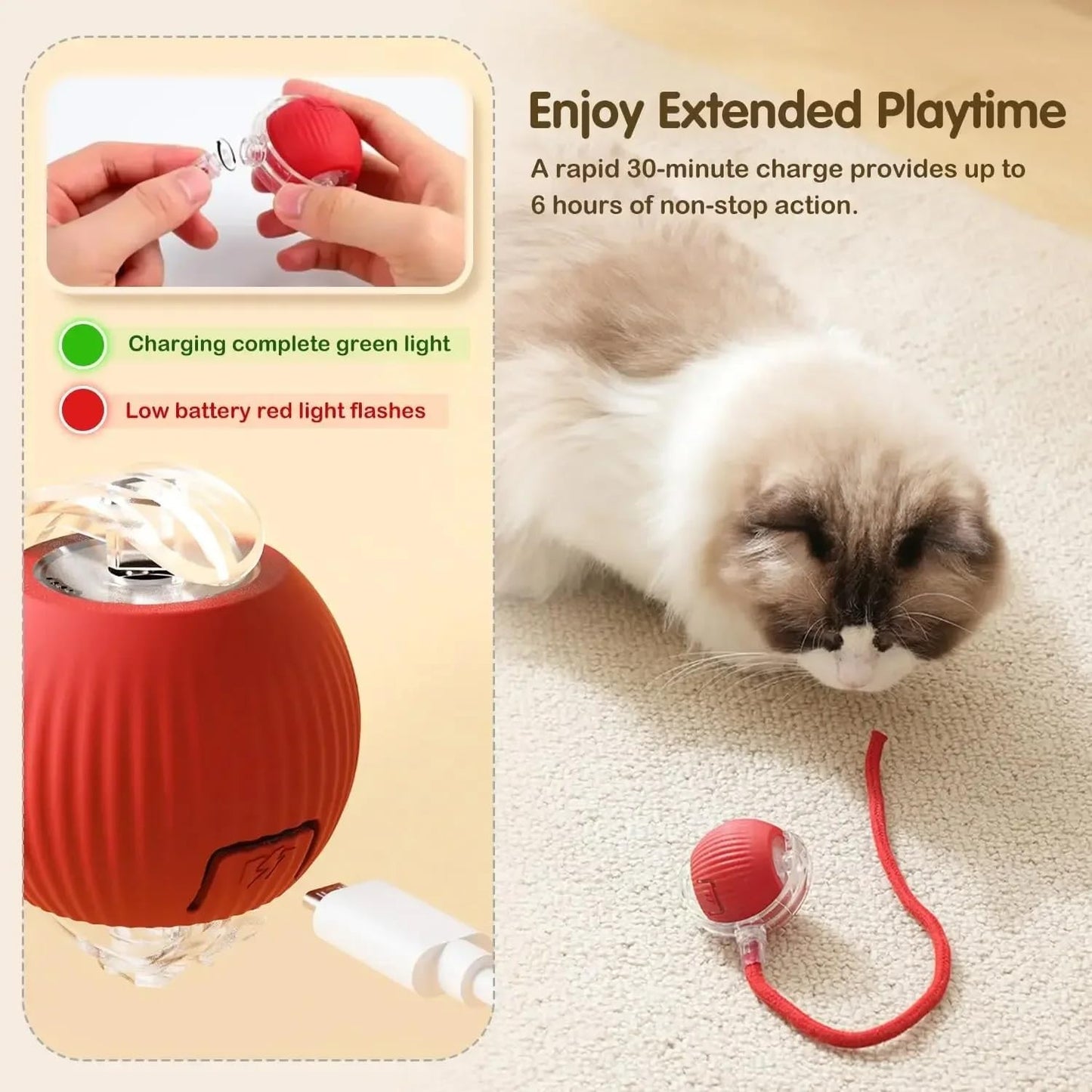 Interactive Rolling Cat Ball Toy [RED], LED Lights, for Indoor Adult Cats, Rechargeable, Smart Automatic Pet Ball, Speedy Tail/Rope, Fast on Carpet, Only for Active Cats