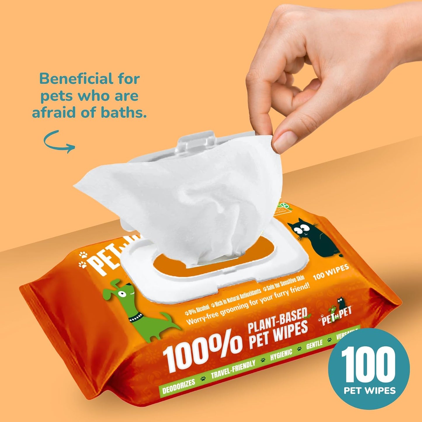 PET N PET 100% Plant Based Dog Wipes for Paws and Butt, 100 Counts Hypoallergenic Unscented Dog Pet Wipes, 8" x 8"