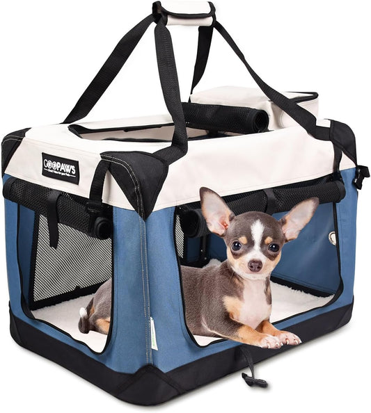 JESPET Soft Dog Crates Kennel for Pets, 3 Door Soft Sided Folding Travel Pet Carrier with Straps and Fleece Mat for Dogs, Cats(6-Lake Blue, Small(24" L x 16.5" W x 16.5" H))