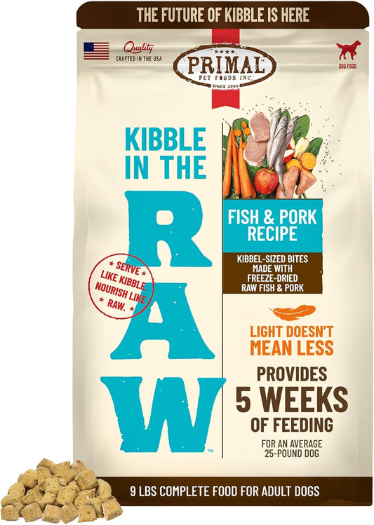 Primal Kibble in The Raw, Freeze Dried Dog Food, Fish & Pork, Scoop & Serve, Made with Raw Protein, Whole Ingredient Nutrition, Crafted in The USA, Dry Dog Food 9 lb Bag