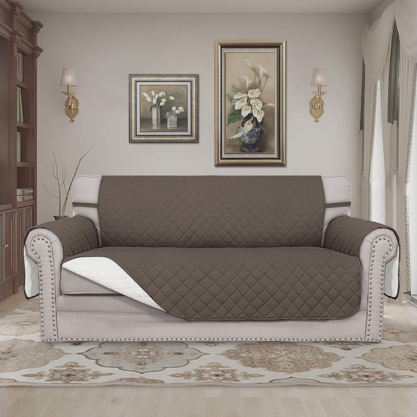 Easy-Going Sofa Slipcover Reversible Loveseat Sofa Cover Couch Cover for 2 Cushion Couch Furniture Protector with Elastic Straps for Pets Kids Dog Cat (Oversized Loveseat, Taupe/Ivory)