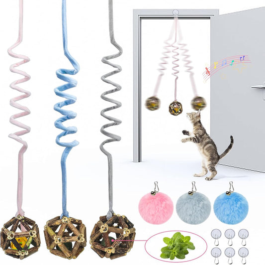 Hanging Retractable Catnip Cat Spring Toys,Fluffy Ball Cat Toys with Bell,6 Pack Hanging Interactive Teaser for Indoor Kittens,Promotes Exercise, Chase & Play, Kitten-Safe Bouncy Fun (Ball)