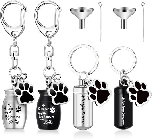 Kigeli 4 Pcs Pet Ashes Keepsake Keychain for Dog Pet Ashes Urn with 4 Pcs Filling Tools Memorial Cylinder Cat Cremation Jewelry Pend Paw Print Urn Pendant 2 Styles
