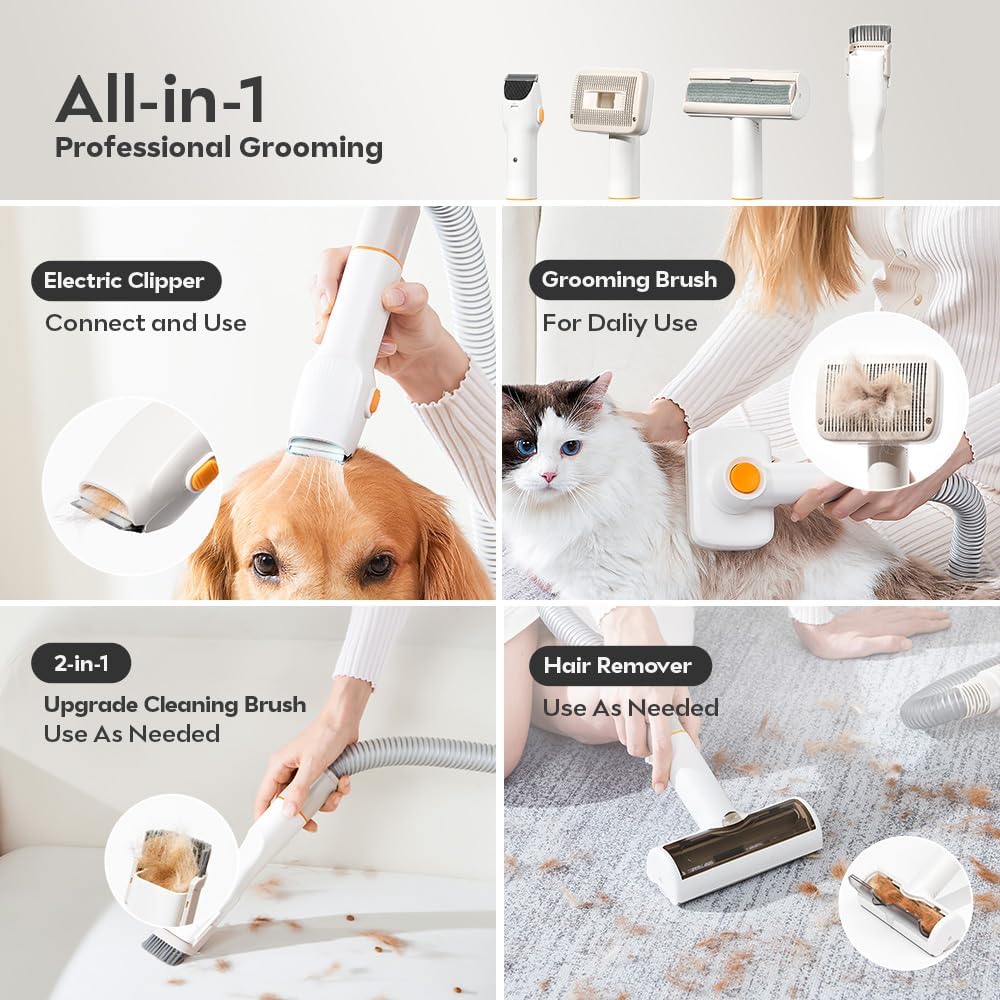 Dog Grooming Kit, Pet Grooming Vacuum Suction 99% Pet Hair with HEPA Technology, Dog Clippers 5-in-1 Pet Grooming Tools, 2L Large Capacity, 60dB Low Noise Orange