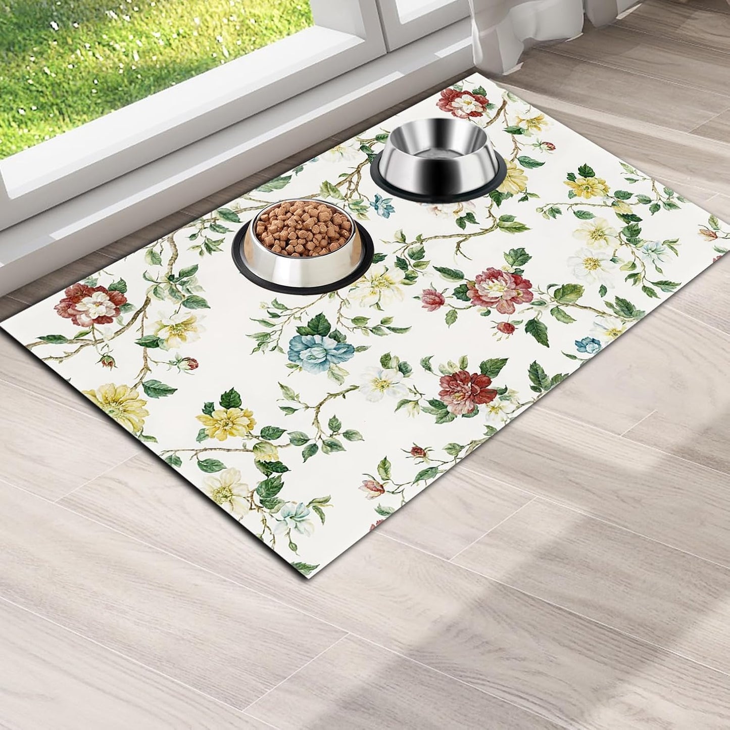 Pet Feeding Mat for Dogs and Cats - Super Absorbent Anti-Slip Bowl Pad, Eco-Friendly Washable Mat to Prevent Spills and Mess Floral Mat 16"x24"