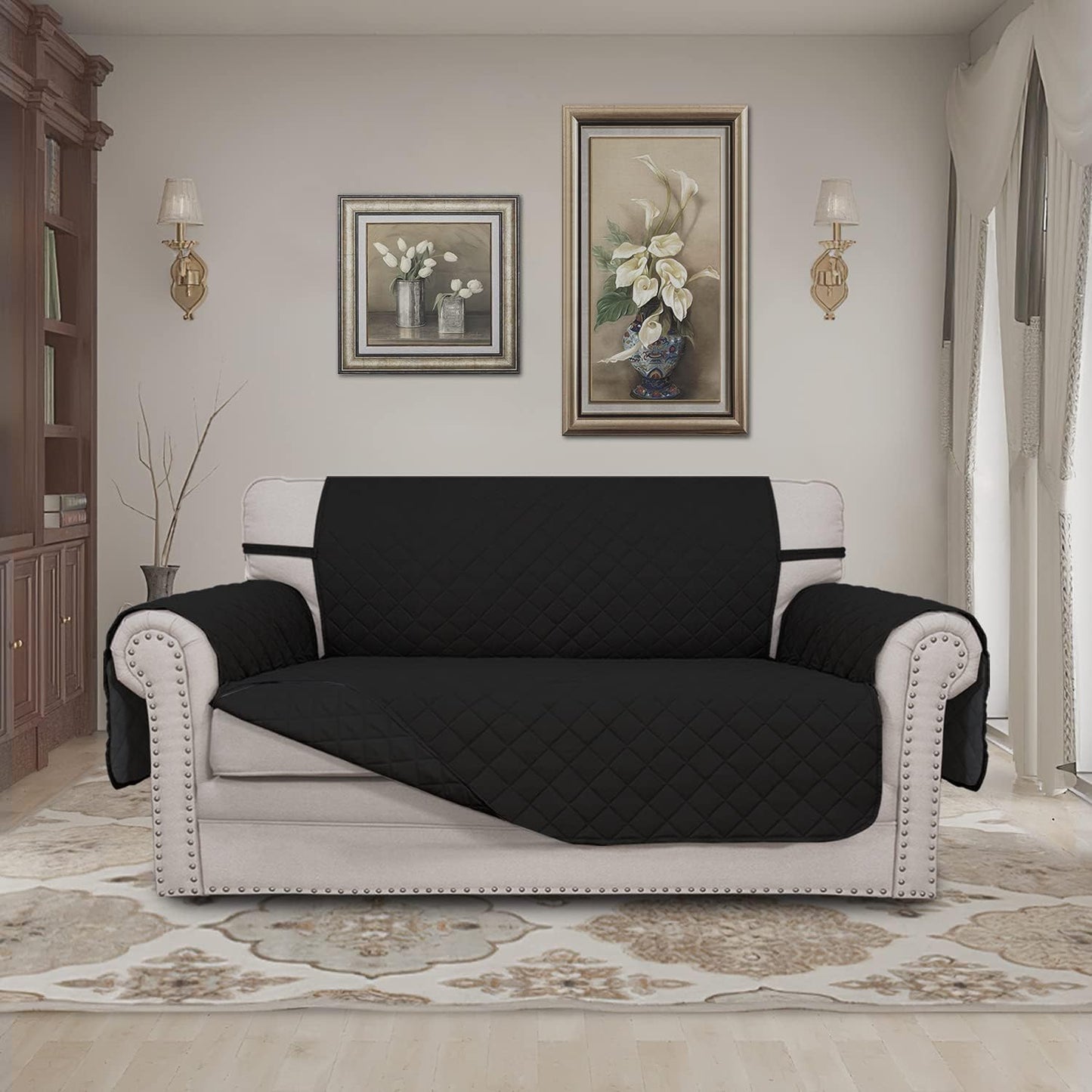 Easy-Going Reversible Loveseat Couch Cover for 2 Cushion Couch Sofa Cover for Dogs Water Resistant Furniture Protector with Foam Sticks Elastic Straps for Pet (Loveseat, Black/Black)