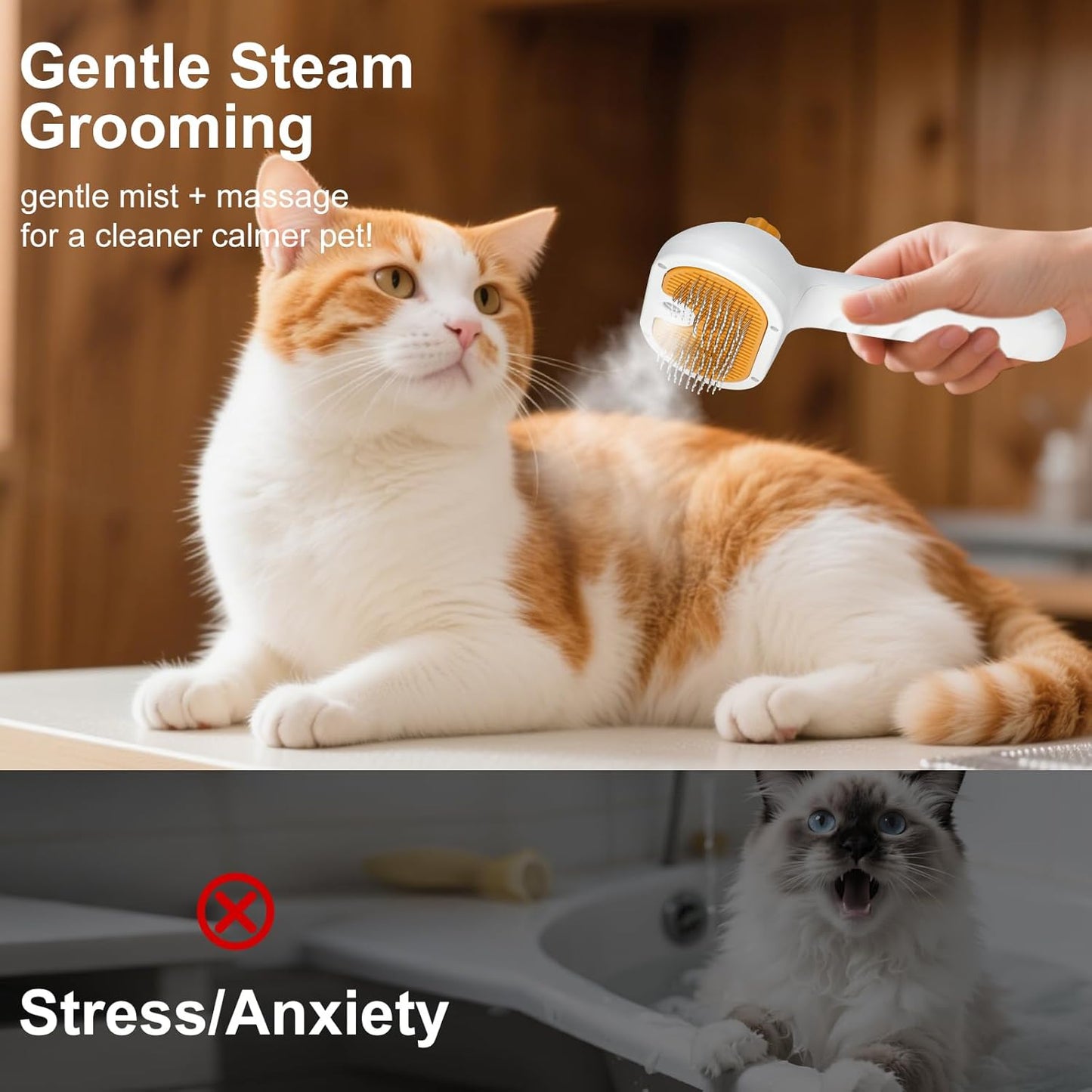 Pet Steam Brush for Dog & Cat - 3-in-1 Steam Grooming Brush for Shedding & Hair Removal - Self Cleaning Spray Comb with Mist for Long Haired Pets, Yellow