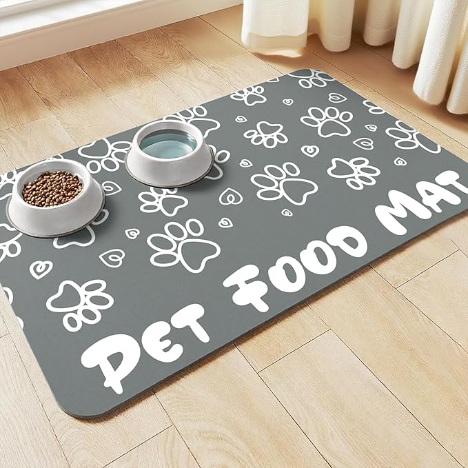 Pet Feeding Mat, Absorbent Cat Dog Mat for Food and Water Bowls Floors, No Stains Quick Dry Cat Dog Feeding Water Bowl Mats for Sloppy Drinkers, Pet Feeding & Watering Supplies (Grey, 16"x 24")