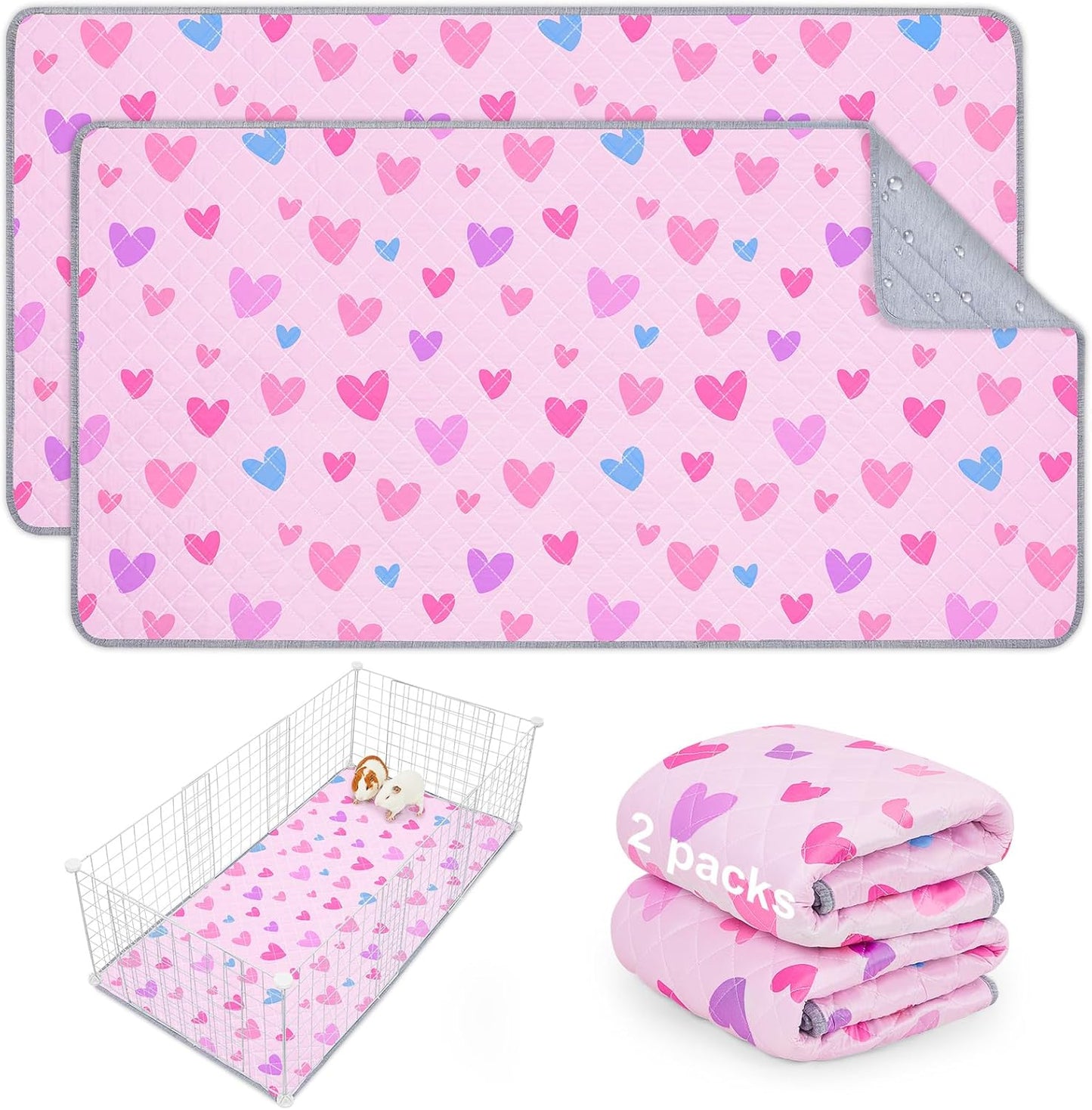 Bienbee Guinea Pig Bedding, 2 Pack 47" x 24" Reusable Guinea Pig Cage Liner Waterproof and Absorbent Small Animal Bedding Washable Guinea Pig Pee Pads for Small Pet Hamster Rabbit Squirrel, Pink