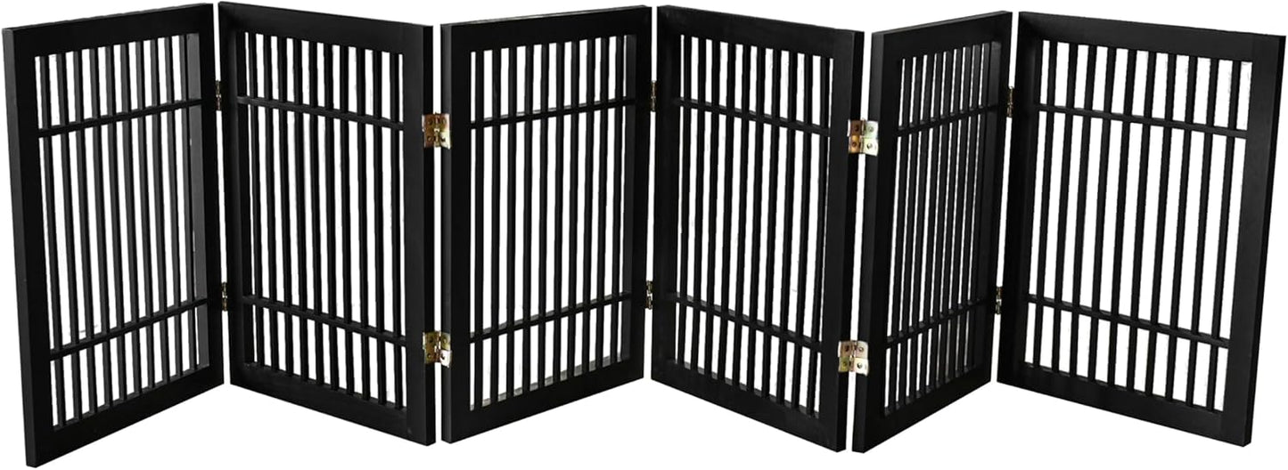 Pet Dog Gate Strong and Durable Freestanding Folding Acacia Hardwood Portable Wooden Fence Indoors or Outdoors by Urnporium (Black Pet Gate, 6 Panel 24" Tall)