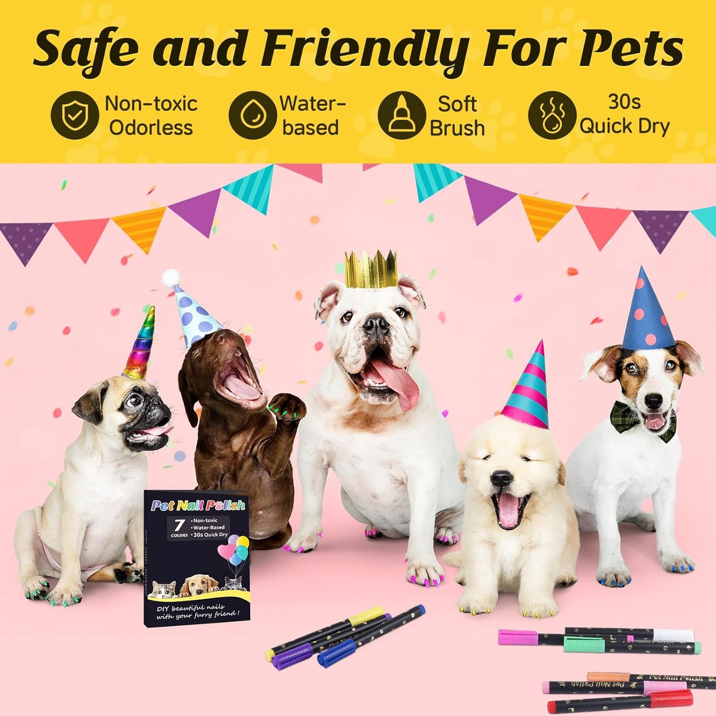 Dog Nail Polish Pens Quick Dry,7 Colors Safe Dog Nail Polish Set to DIY Pretty Nails, Ideal Gifts for Dogs Cats Light Dark Nails, Odorless, Non-Toxic, Water-Based Pet Nail Accessories Set