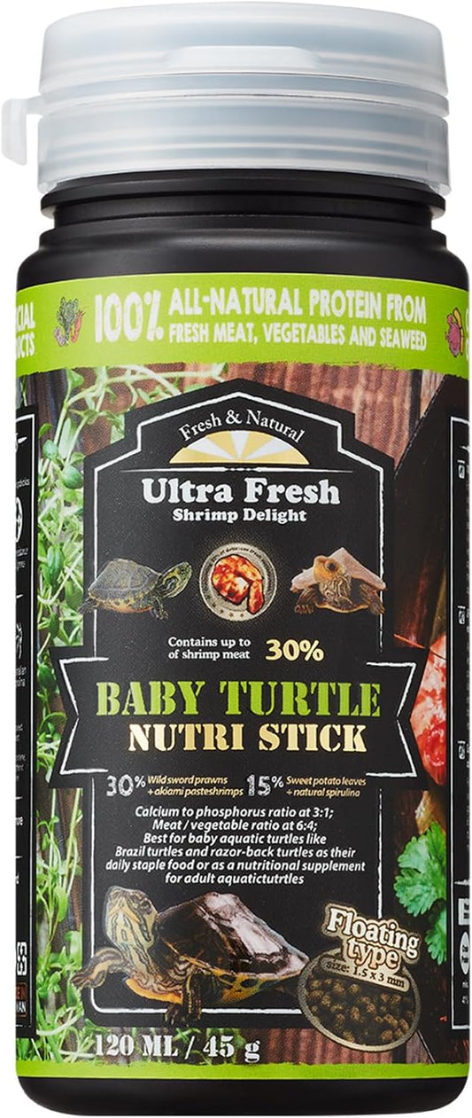 Ultra Fresh Floating Baby Turtle Food, All Natural Ingredients, Wild Sword Prawn, Calcium Vitamin D Enriched for Picky Aquatic Turtles, Baby Turtle Nutri Stick 1.6 oz