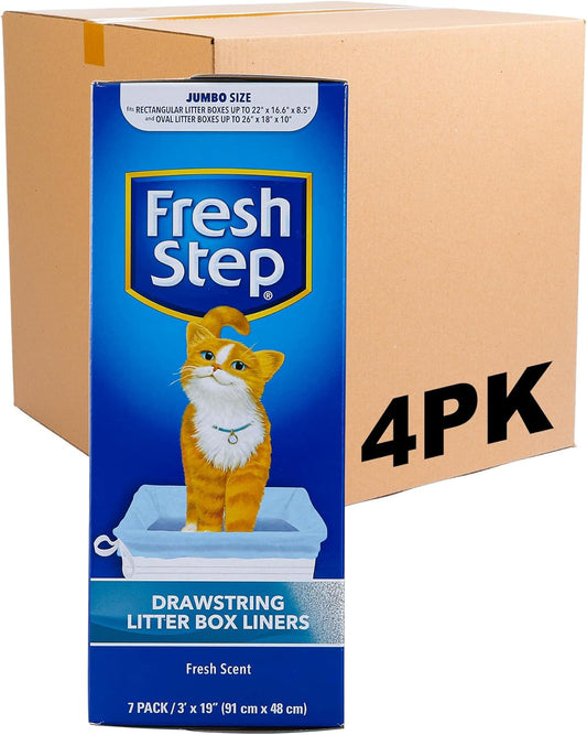 Fresh Step Drawstring Cat Litter Box Liners, Fresh Scent - Kitty Litter Bags for Rectangle or Oval Large Litterboxes, Size Jumbo, 36" x 19" - 7 Count - 4 Pack