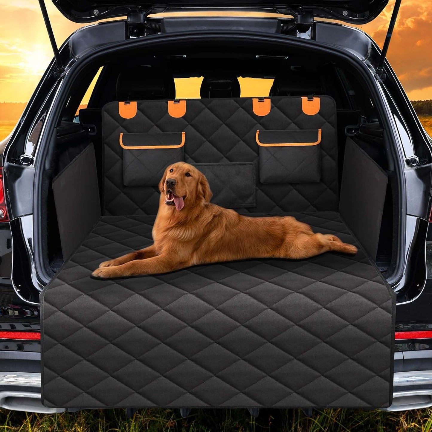 4-in-1 SUV Cargo Liner for Dogs, Non-Slip Water Resistant Pet Trunk Mat with Side Flaps Protector & Back Seat Organizer, Dog Backseat Cover for SUVs Vans