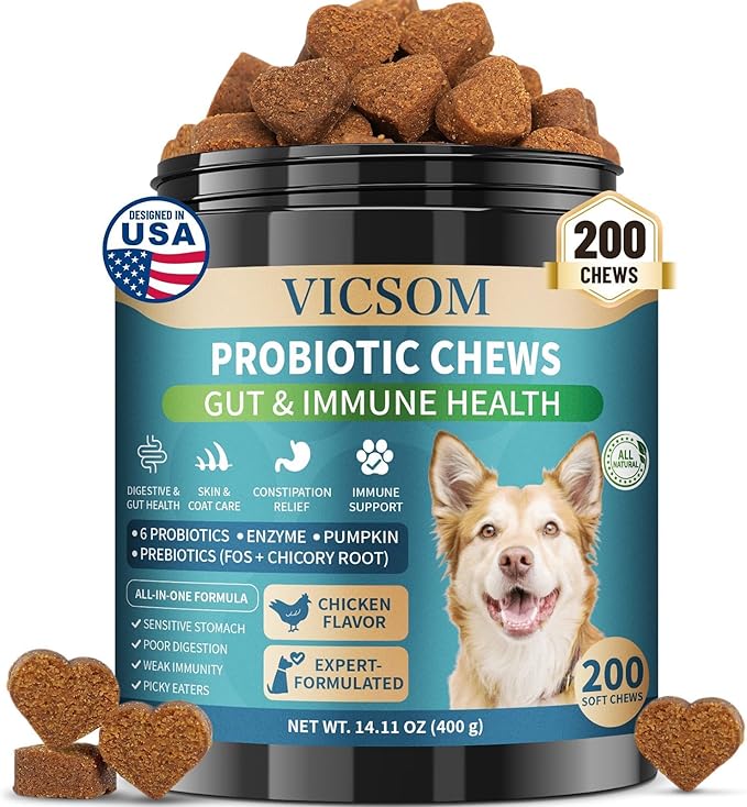 Dog Probiotics for Dogs, 200 Soft Probiotics Chews for Dogs Digestive Health Gut Health & Immune System, with 6 Probiotics & Digestive Enzymes, Support Itchy Skin, Constipation & Diarrhea Relief