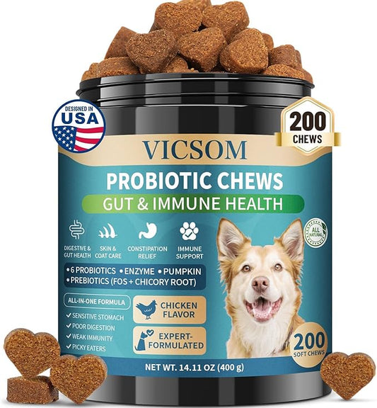 Dog Probiotics for Dogs, 200 Soft Probiotics Chews for Dogs Digestive Health Gut Health & Immune System, with 6 Probiotics & Digestive Enzymes, Support Itchy Skin, Constipation & Diarrhea Relief