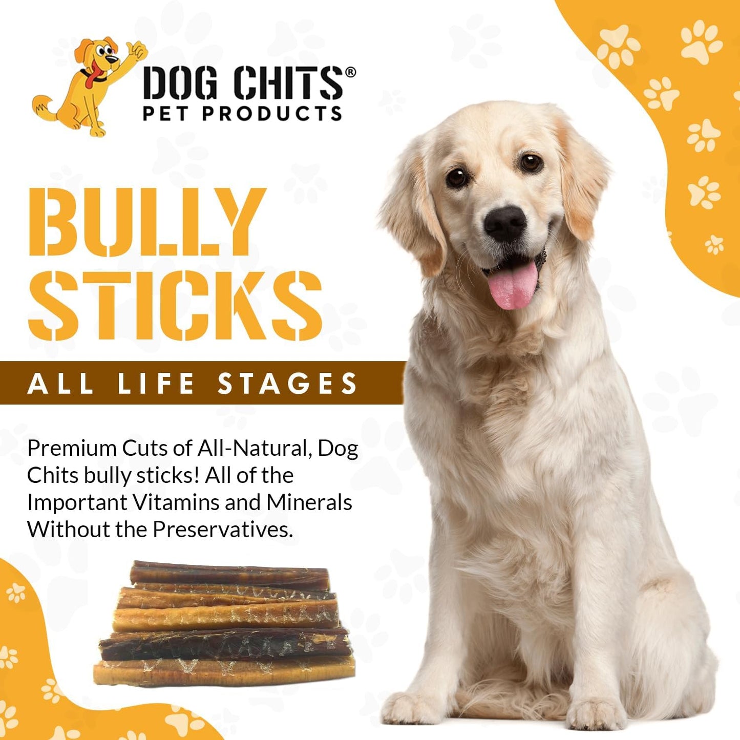 Dog Chits Bully Sticks for Dogs and Puppies | 6-inch, 20 Pack | Natural Healthy Long Lasting Chew for Large and Small Dogs Protein Treats | Odor Free