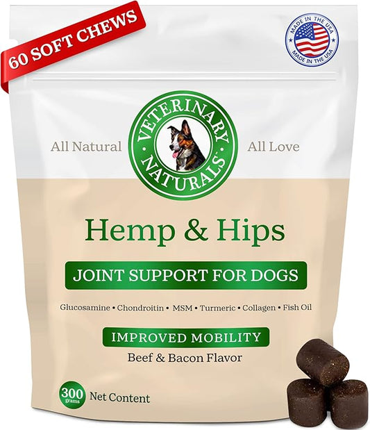 Veterinary Naturals Hemp & HIPS Joint Supplement for Dogs - 60 Soft Chews for Dog Hip and Joint Supplement with Glucosamine for Dogs, MSM, & Turmeric (Beef & Bacon)