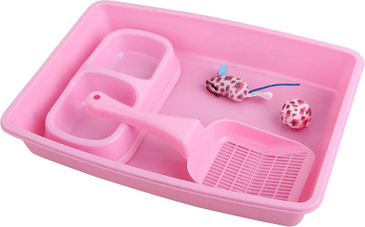 PAWISE Small Cat Litter Box Kit for Kittens – 5‑Piece Kit with Low Entry Litter Pan, Scooper, Feeding Bowls & Mouse Toy – Cat Starter Set for New Kitty Home, Pink