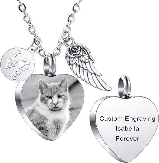 MeMeDIY Personalized Heart Paw Print Ashes Urn Pendant Necklace Custom Name/Photo/Date for Women Men Pet Lover Stainless Steel Memorial Dog Cat Pet Keepsake with Funnel Fill Kit Angel Wing