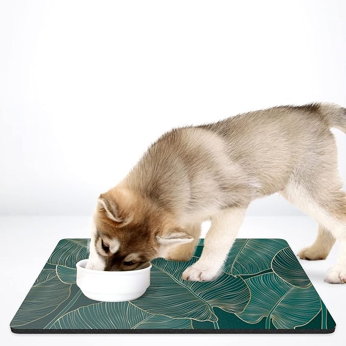 Rnivvi Dog Food Mat, 16" x 24" Flower Absorbent Dog Cat Bowl Mat for Food and Water, Cute Anti-Slip Rubber Pet Feeding Rug Protect Floors, Puppy Placemat for Feeding & Watering Supplies, Tropical