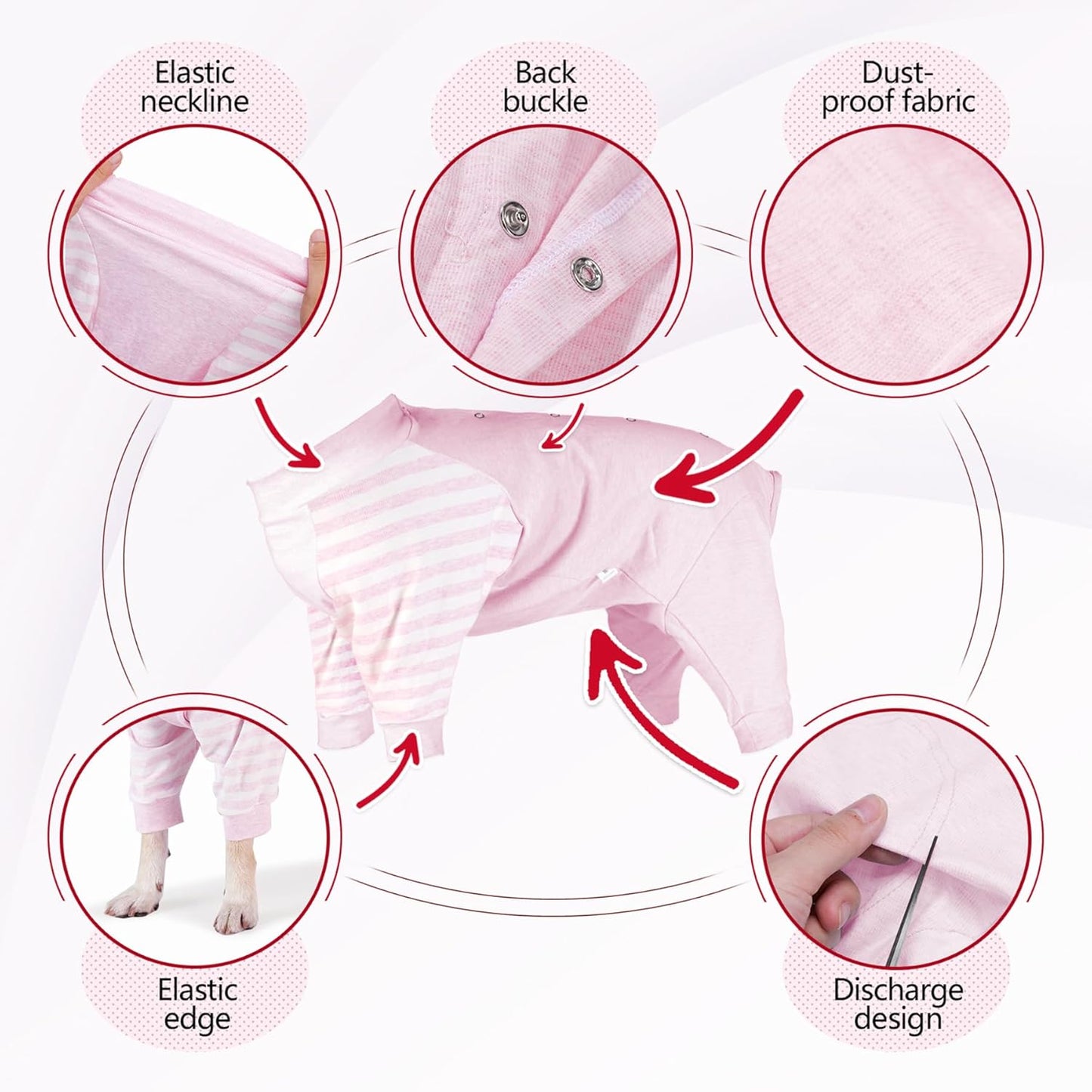 Dog Recovery Suit, Abdominal Wound After Surgery Wear, Anti Licking Bodysuit with Snaps, E-Collar & Cone Alternatives, Striped Dog Spay Surgical Pajamas Prevent Shedding(Medium, Pink)