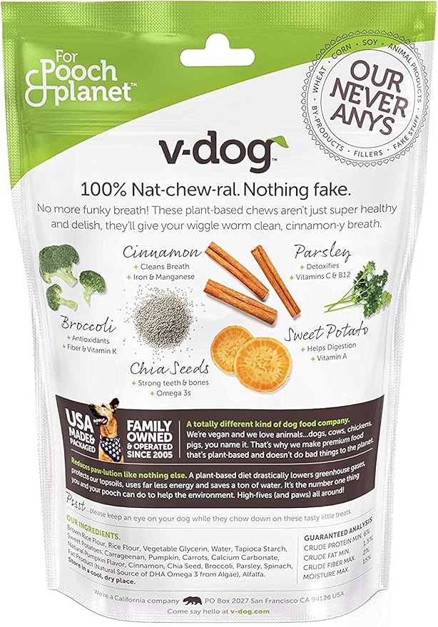 V-dog Dog Treats - Vegan Breathbone Teeth Cleaning Dental Bones - Fresh Breath - 8 Ounces - Minis - All Natural, Made in USA - 10 Bones - 3" Long - Easy to Digest