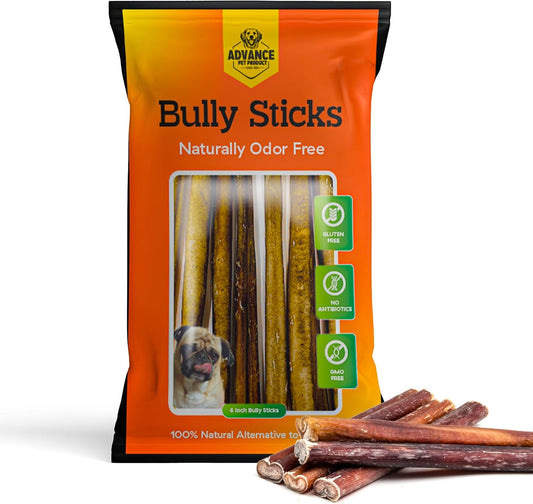 Advance Pet Products 6 Inch Bully Sticks (Pack of 5) - 100% Beef, Odor Free Dog Chews for Aggressive Chewers - Long Lasting, Gluten-Free, Easy to Digest, High Protein & Rawhide Free Chews for Dogs