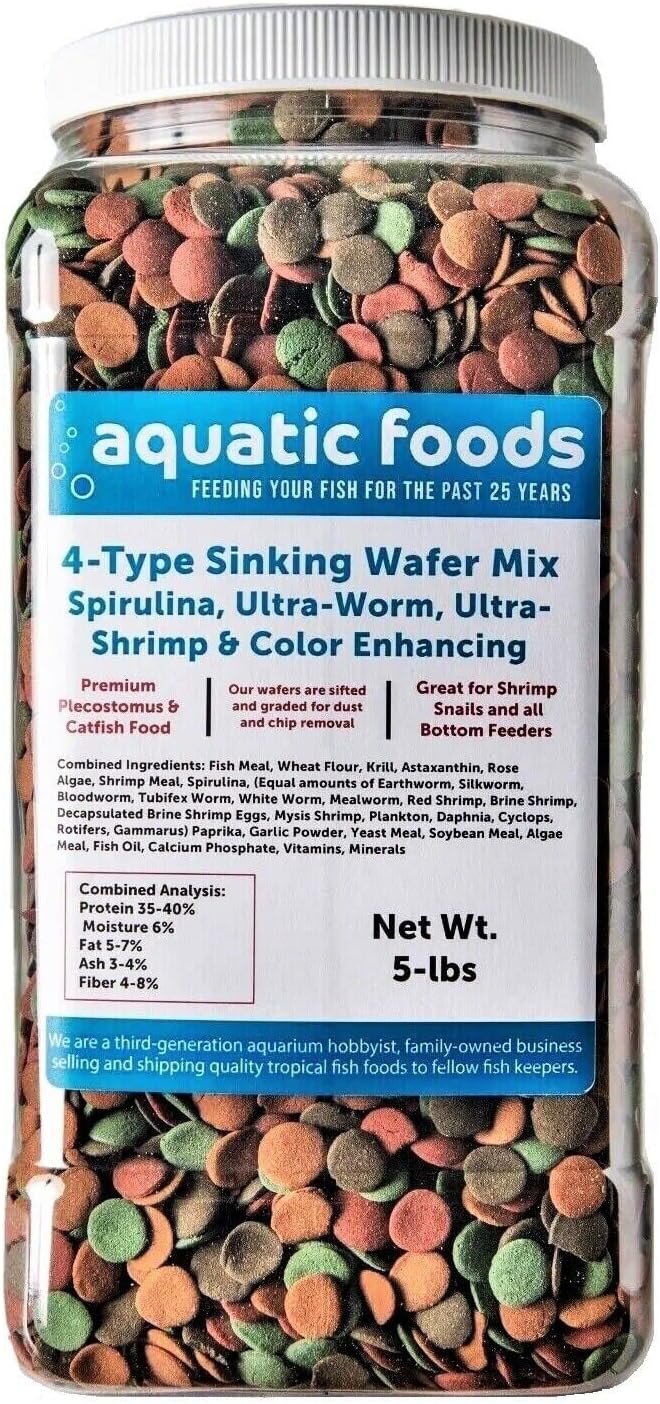 Aquatic Foods Inc. 4-Type 12mm - 1/2" Sinking Wafer Mix of Spirulina-Algae, Ultra-Worm, Ultra-Shrimp, Color Enhancing Wafers for Shrimp, Snails, Crabs, Crayfish, All Tropical Fish..5-lb Lg Jar