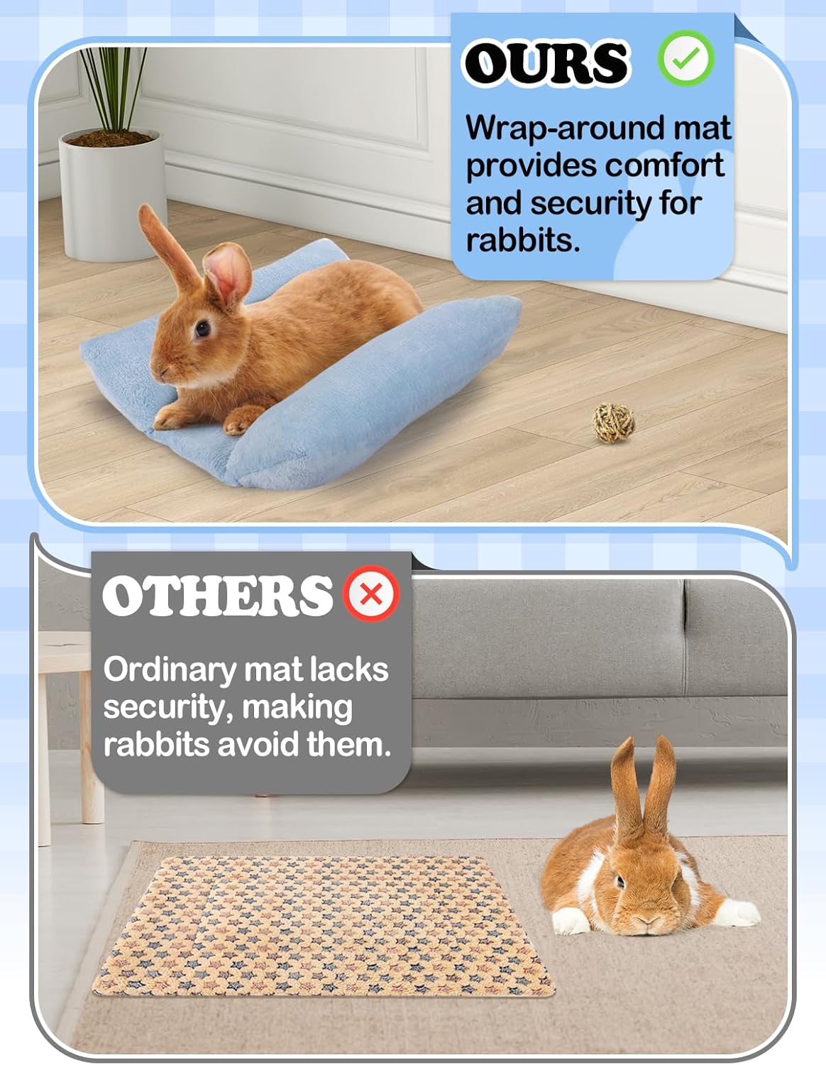 MEWTOGO 15.7 x 14In Rabbit Bed - Thickened Soft Bunny Concave Bed, Cuddle Cushion Plush Mat with Cotton Lounger Pillows, Small Pet Flop Mat for Cage Sleeping Indoor Bunny Gifts, Light Blue