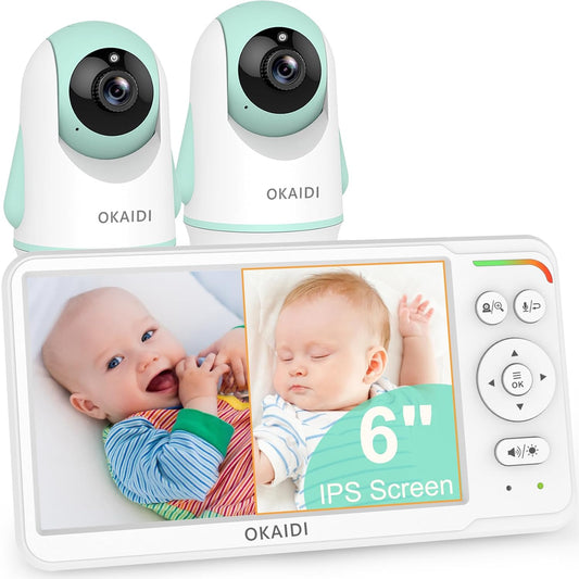 OKAIDI Baby Monitor with 2 Cameras and Audio, Video Baby Monitor with 6'' IPS Split-Screen, 1000ft Baby Camera Monitor with 30-Hour Battery, 150 Languages, ECO Mode, 2-Way Talk, No WiFi